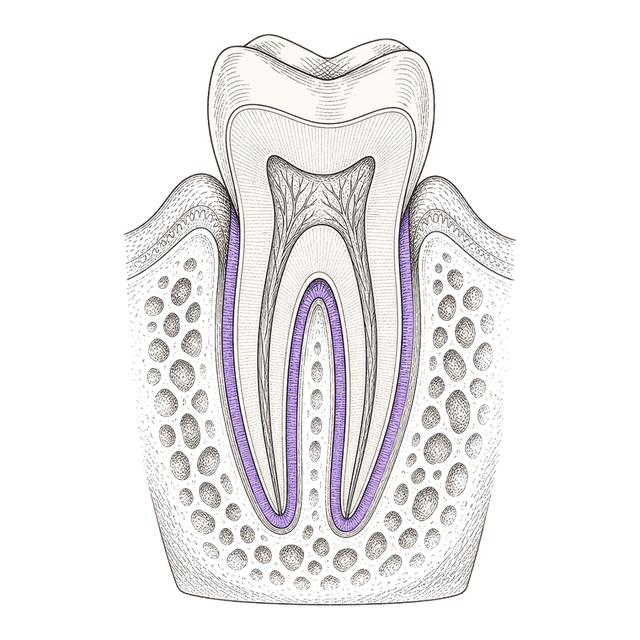 Line illustration of a tooth in its socket with the periodontal ligament highlighted