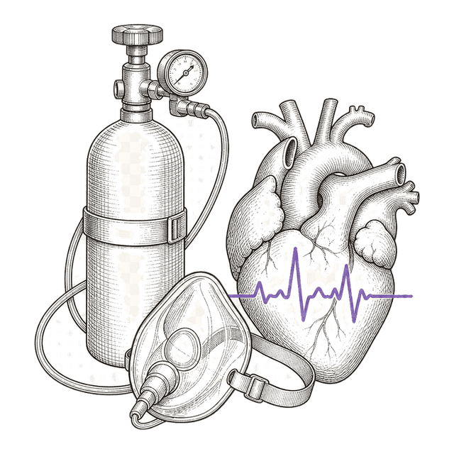 Line illustration of an emergency oxygen kit and a heart with a pulse line