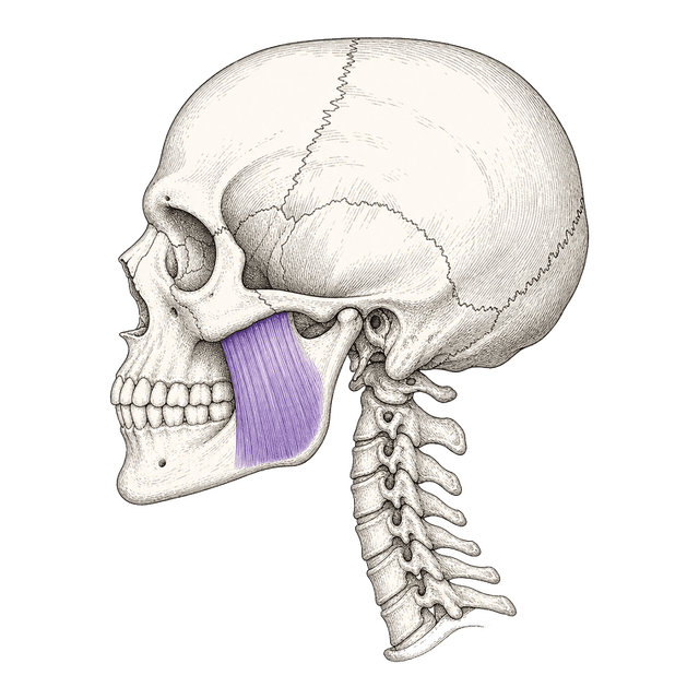 Line illustration of a lateral skull with a head and neck muscle highlighted