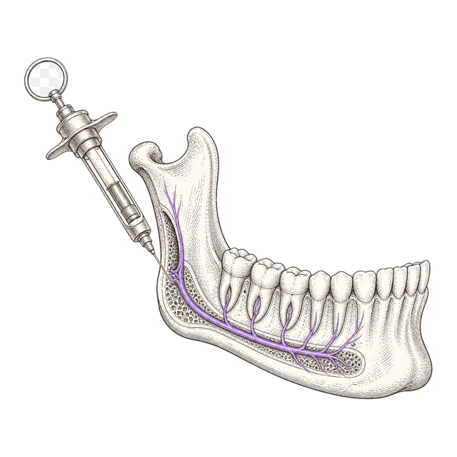 Line illustration of an anesthetic syringe and mandible with the nerve highlighted