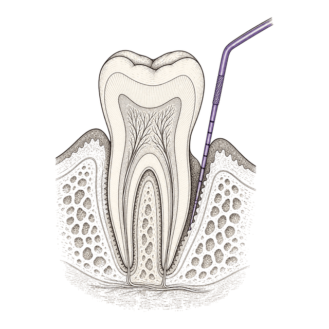 Line illustration of a periodontal probe measuring a gum pocket