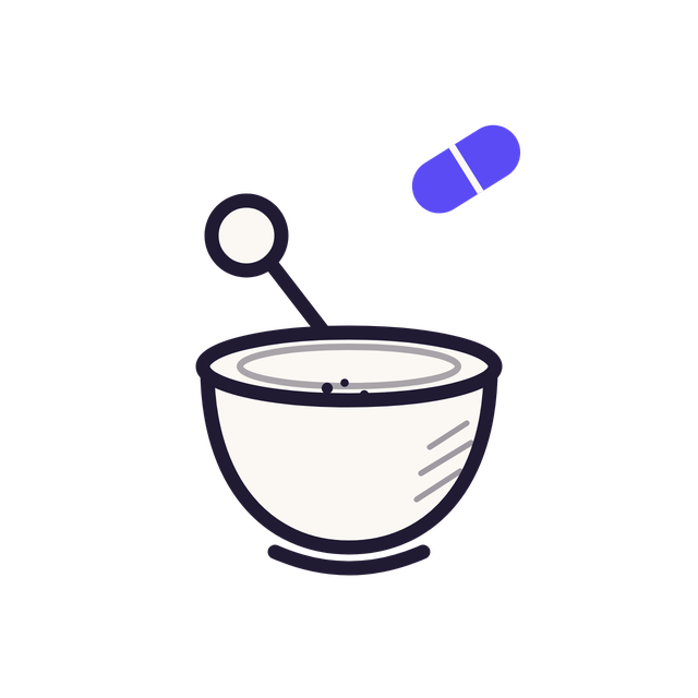 Line illustration of a mortar and pestle with a medication capsule