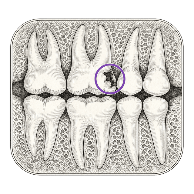 Line illustration of a bitewing radiograph with a finding circled