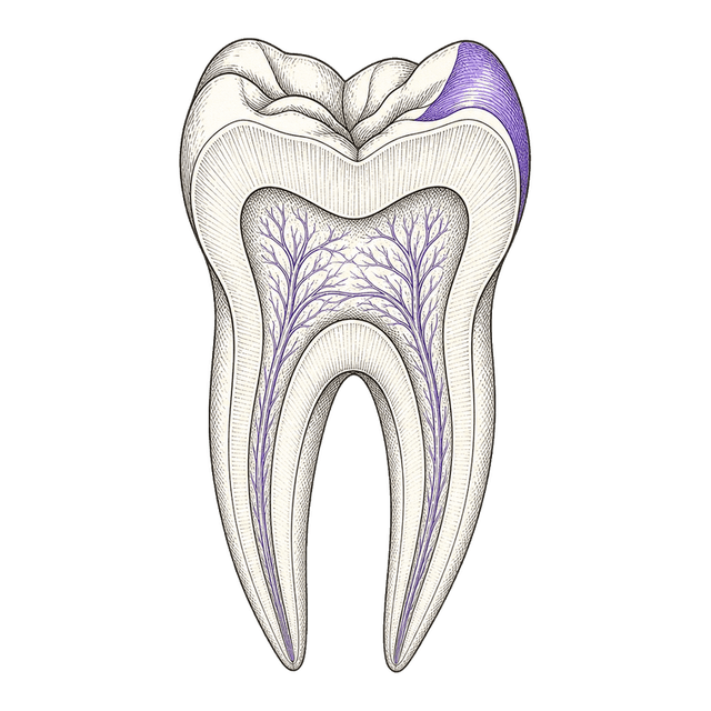Line illustration of a molar in cross-section with one cusp highlighted