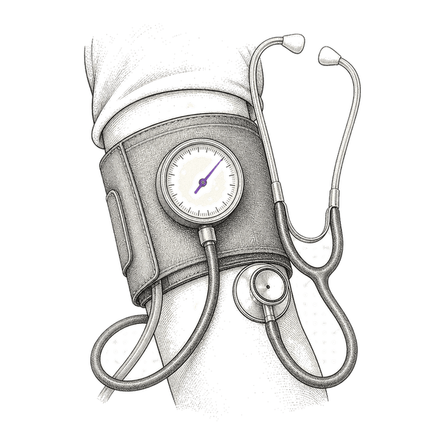 Line illustration of a blood-pressure cuff and stethoscope