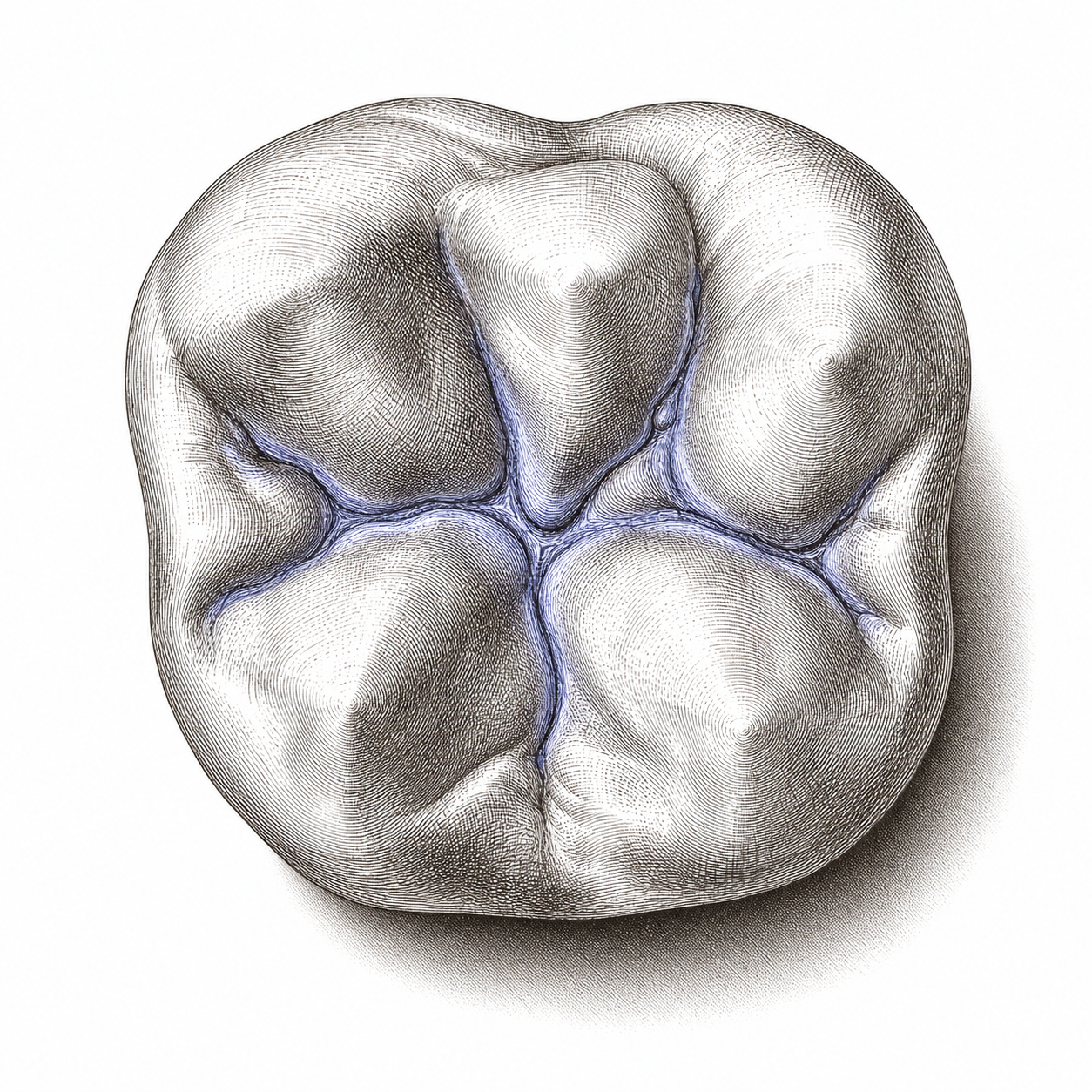 Occlusal view of a mandibular first molar (engraved plate)