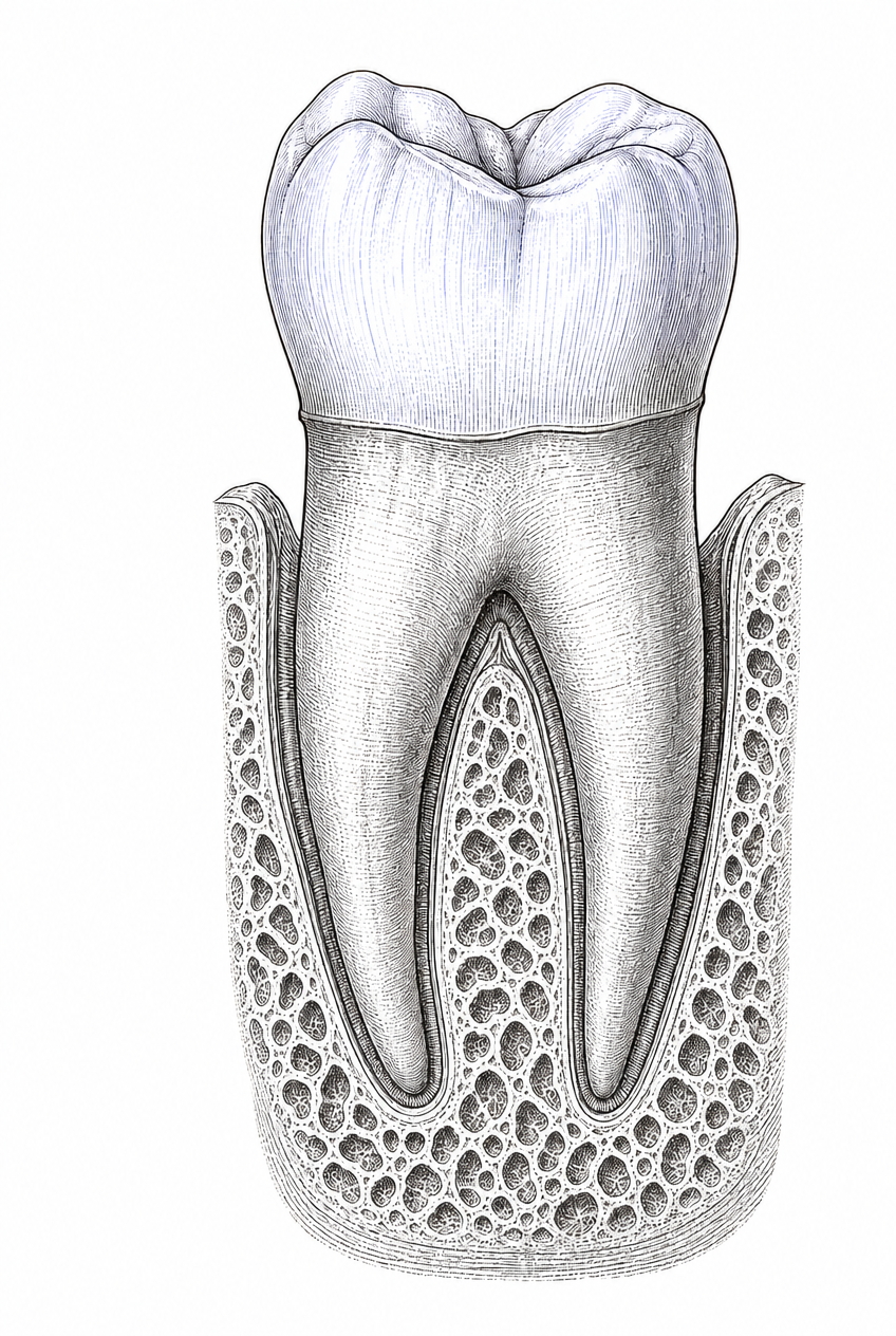 Mandibular first molar rooted in alveolar bone (engraved buccal plate)